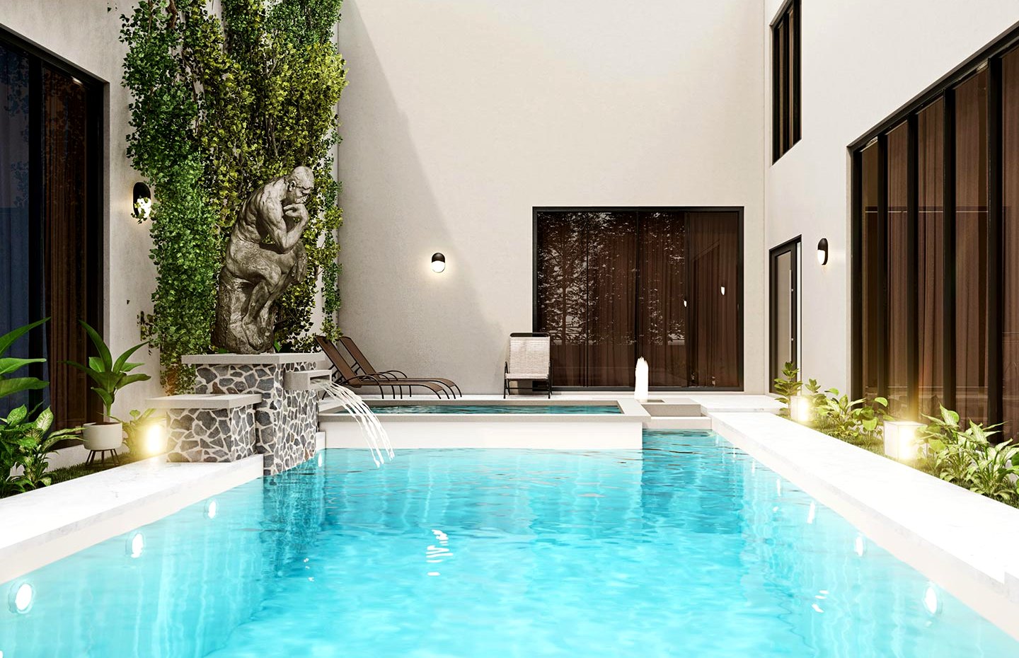 A courtyard pool with a stone figure on the wall and ivy above it
